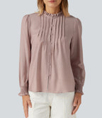 Ruffled Mock Neck Pleated Puff Long Sleeve Work Blouse — Fawn — view 5
