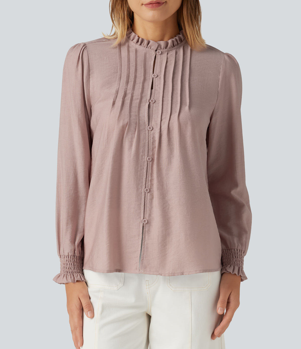 Ruffled Mock Neck Pleated Puff Long Sleeve Work Blouse — Fawn — view 5