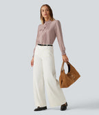 Ruffled Mock Neck Pleated Puff Long Sleeve Work Blouse — Fawn — view 7