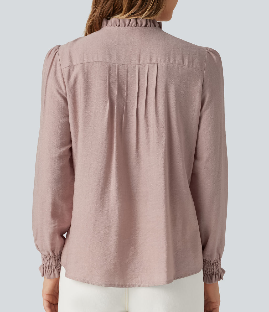 Ruffled Mock Neck Pleated Puff Long Sleeve Work Blouse — Fawn — view 6