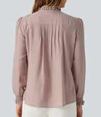 Ruffled Mock Neck Pleated Puff Long Sleeve Work Blouse — Fawn — view 6