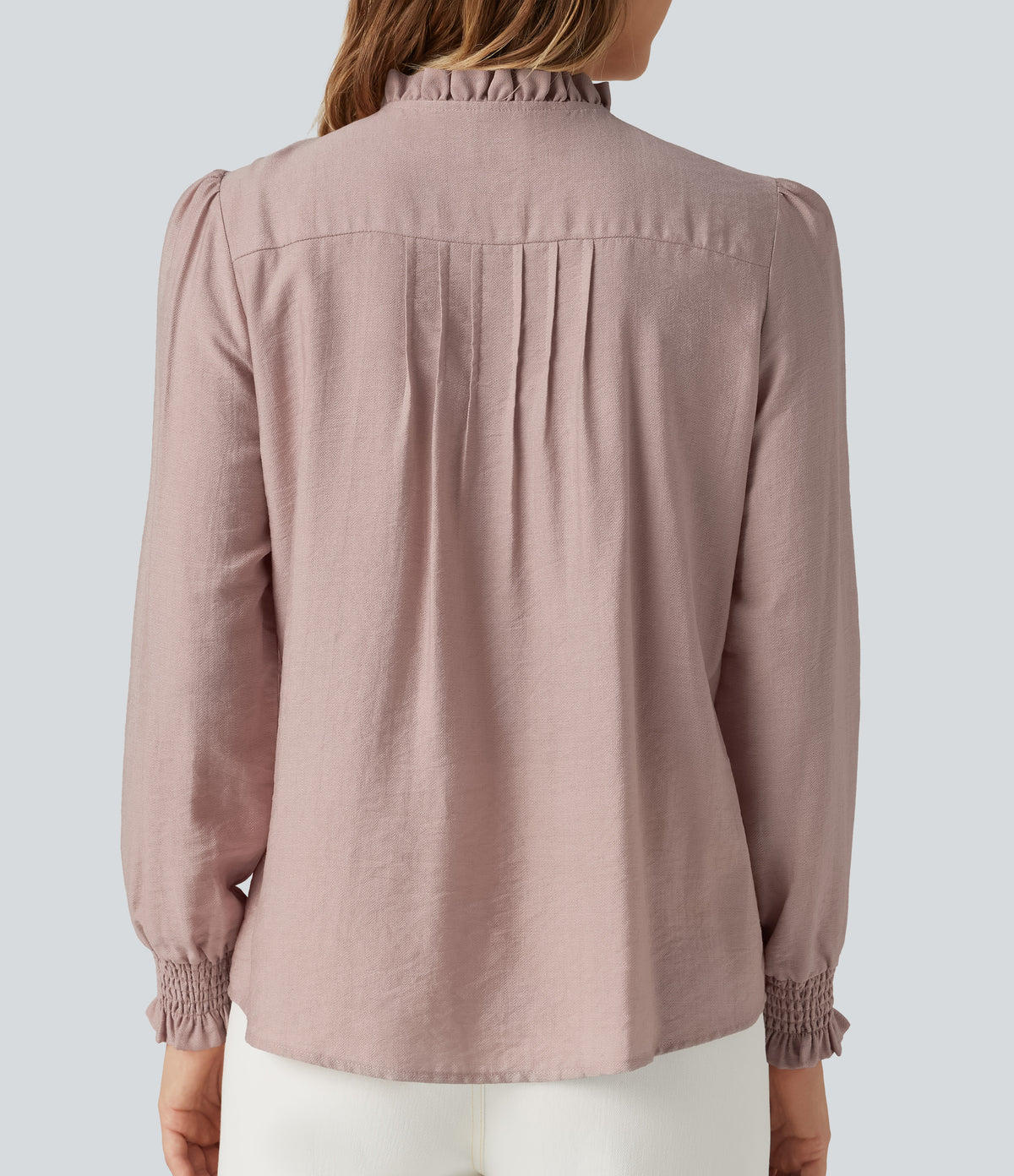 Ruffled Mock Neck Pleated Puff Long Sleeve Work Blouse — Fawn — view 6