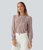 Ruffled Mock Neck Pleated Puff Long Sleeve Work Blouse — Fawn — view 4