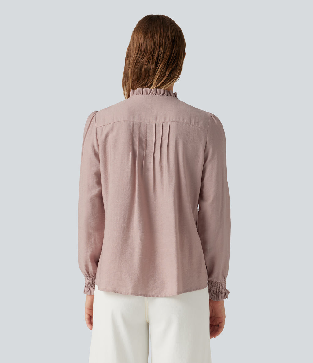 Ruffled Mock Neck Pleated Puff Long Sleeve Work Blouse — Fawn — view 3