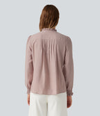 Ruffled Mock Neck Pleated Puff Long Sleeve Work Blouse — Fawn — view 3