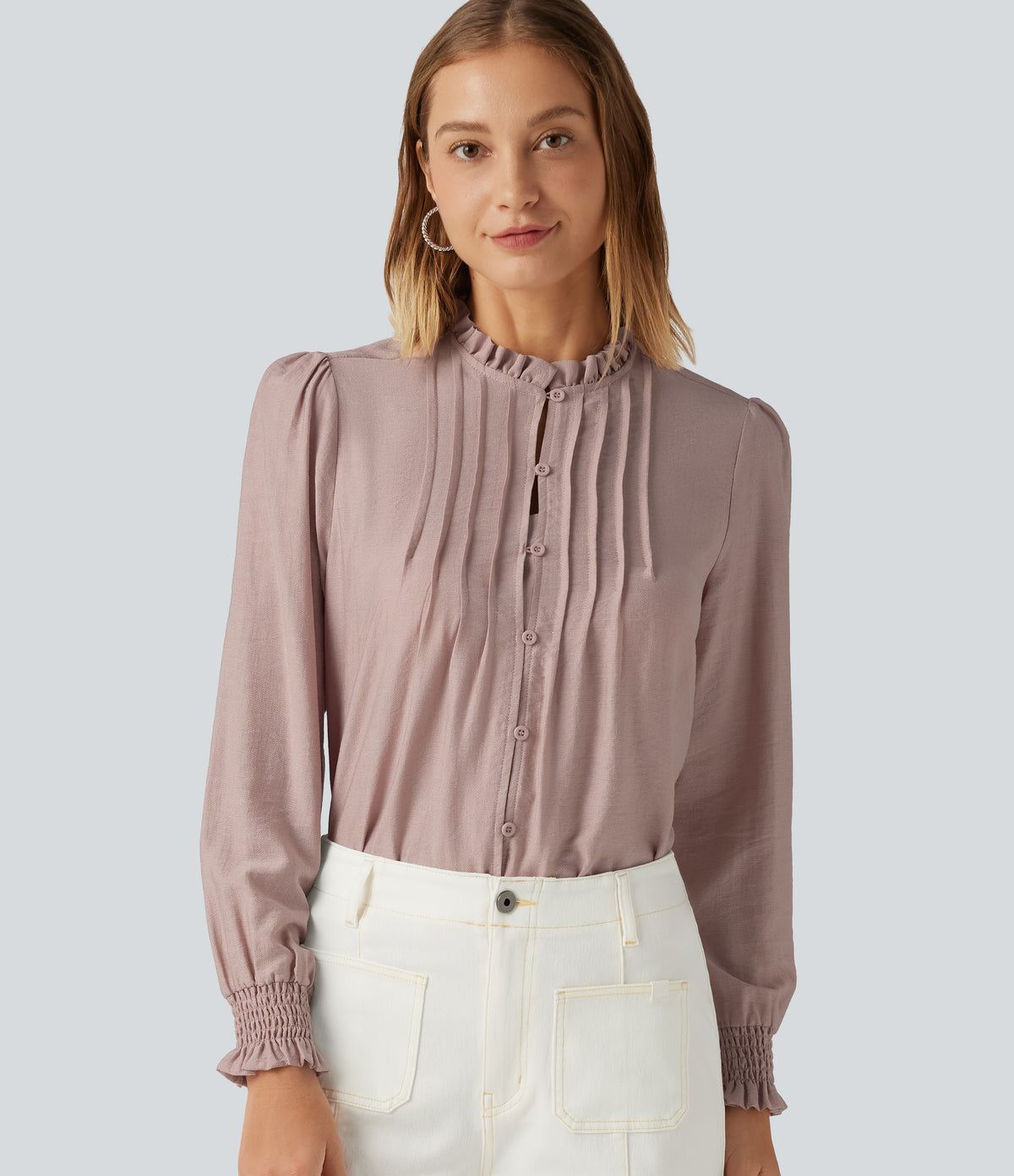 Ruffled Mock Neck Pleated Puff Long Sleeve Work Blouse — Fawn — view 1