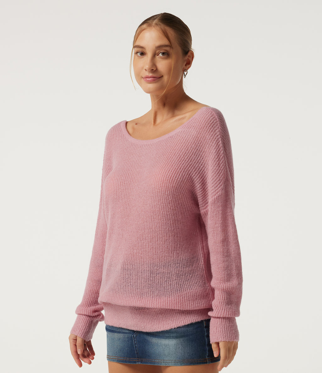 One Shoulder Crisscross Back Dropped Long Sleeve Relaxed Casual Jumper — Pinkesque — view 4