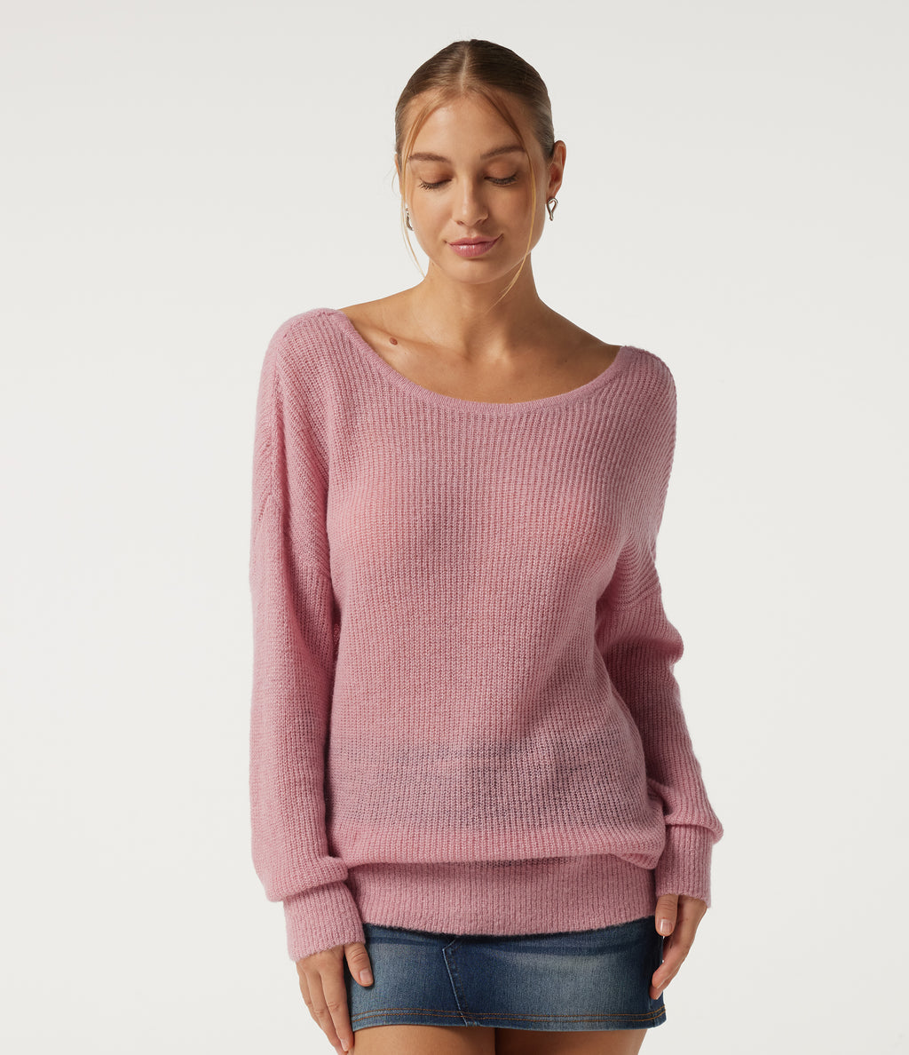 One Shoulder Crisscross Back Dropped Long Sleeve Relaxed Casual Jumper — Pinkesque — view 2