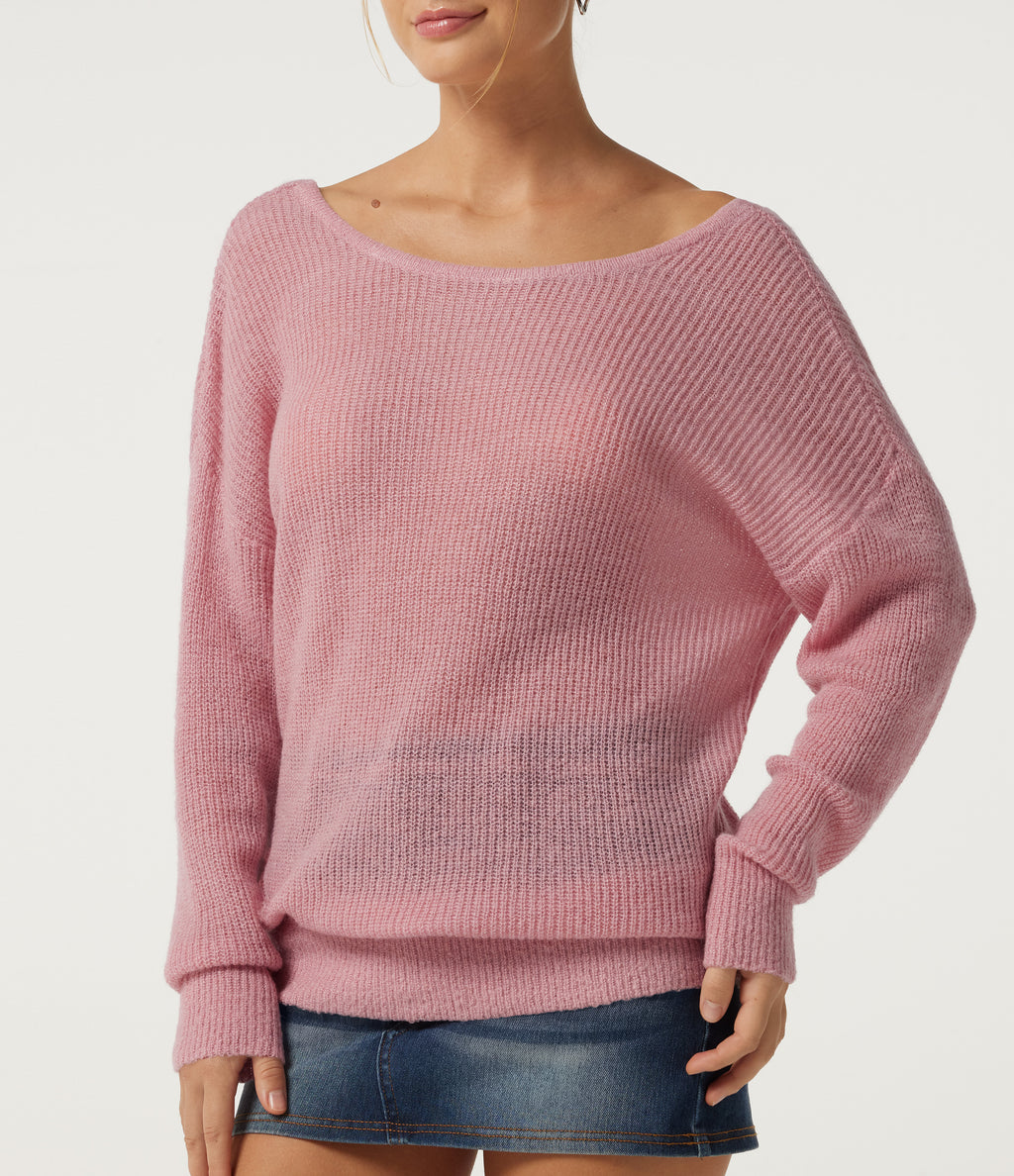 One Shoulder Crisscross Back Dropped Long Sleeve Relaxed Casual Jumper — Pinkesque — view 6