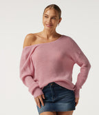 One Shoulder Crisscross Back Dropped Long Sleeve Relaxed Casual Jumper — Pinkesque — view 5