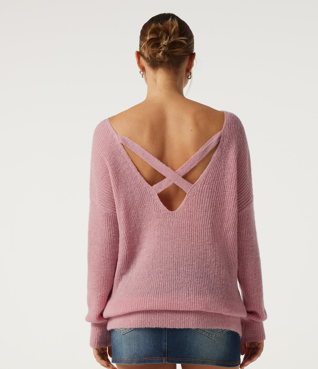 One Shoulder Crisscross Back Dropped Long Sleeve Relaxed Casual Jumper — Pinkesque — view 3