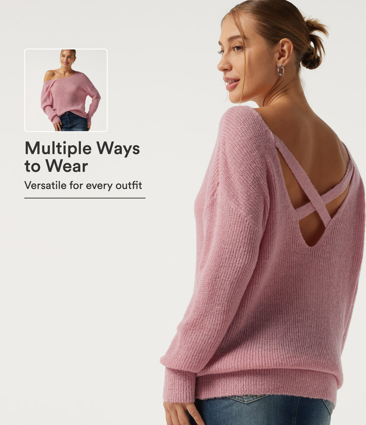 One Shoulder Crisscross Back Dropped Long Sleeve Relaxed Casual Jumper — Pinkesque — view 1