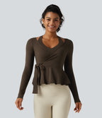 Airy InstantCool Deep V Neck 2-in-1 Tie Side Backless Ruffle Hem Long Sleeve Yoga Sports Top — Chocolate Martini — view 2