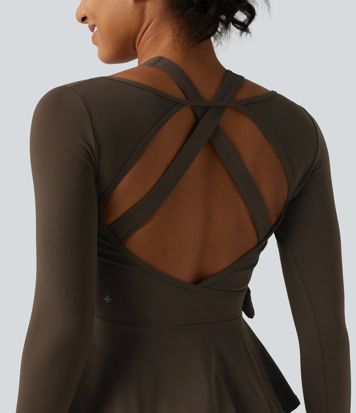 Airy InstantCool Deep V Neck 2-in-1 Tie Side Backless Ruffle Hem Long Sleeve Yoga Sports Top — Chocolate Martini — view 6