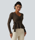 Airy InstantCool Deep V Neck 2-in-1 Tie Side Backless Ruffle Hem Long Sleeve Yoga Sports Top — Chocolate Martini — view 4