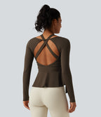 Airy InstantCool Deep V Neck 2-in-1 Tie Side Backless Ruffle Hem Long Sleeve Yoga Sports Top — Chocolate Martini — view 3
