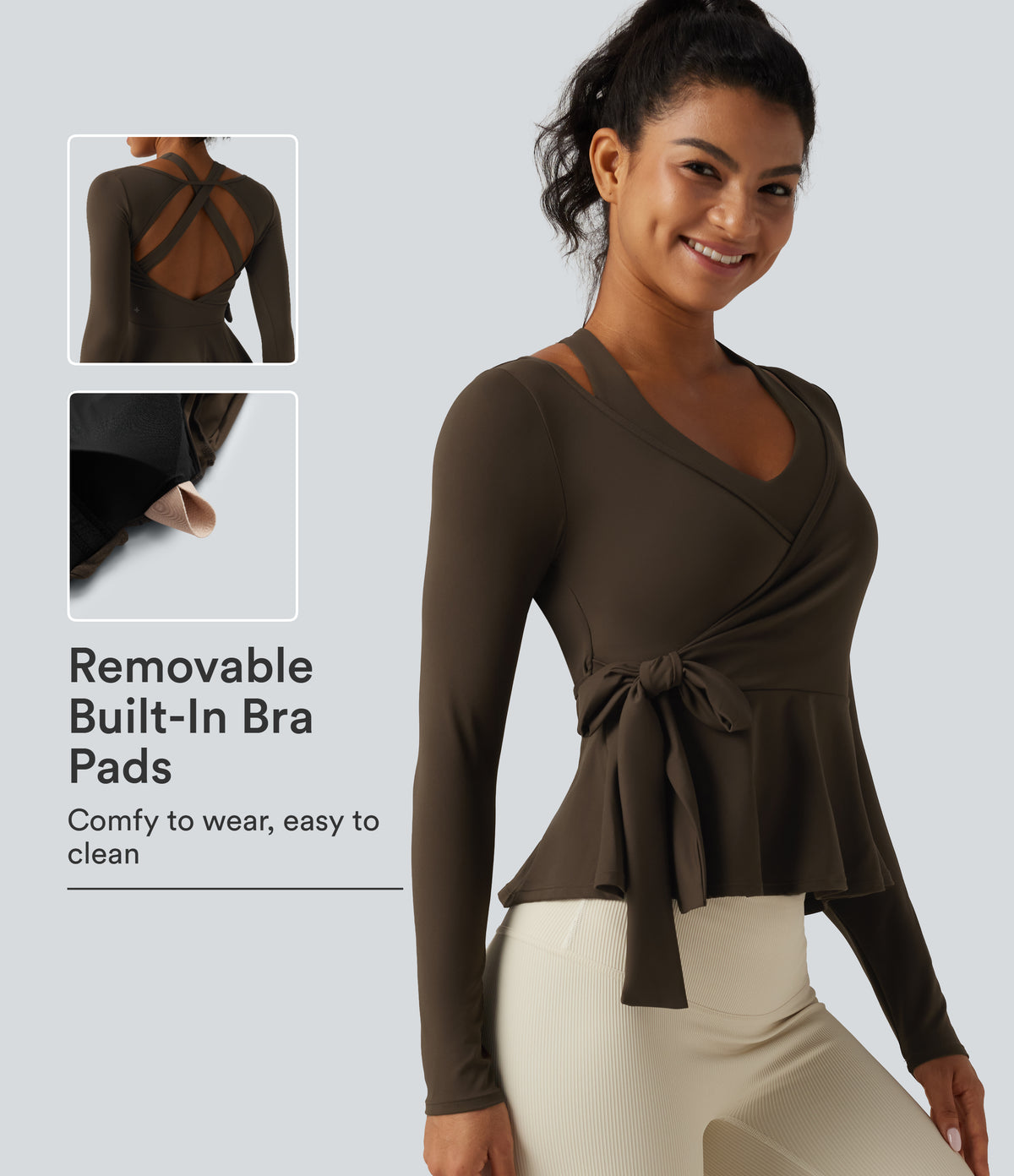 Airy InstantCool Deep V Neck 2-in-1 Tie Side Backless Ruffle Hem Long Sleeve Yoga Sports Top — Chocolate Martini — view 1
