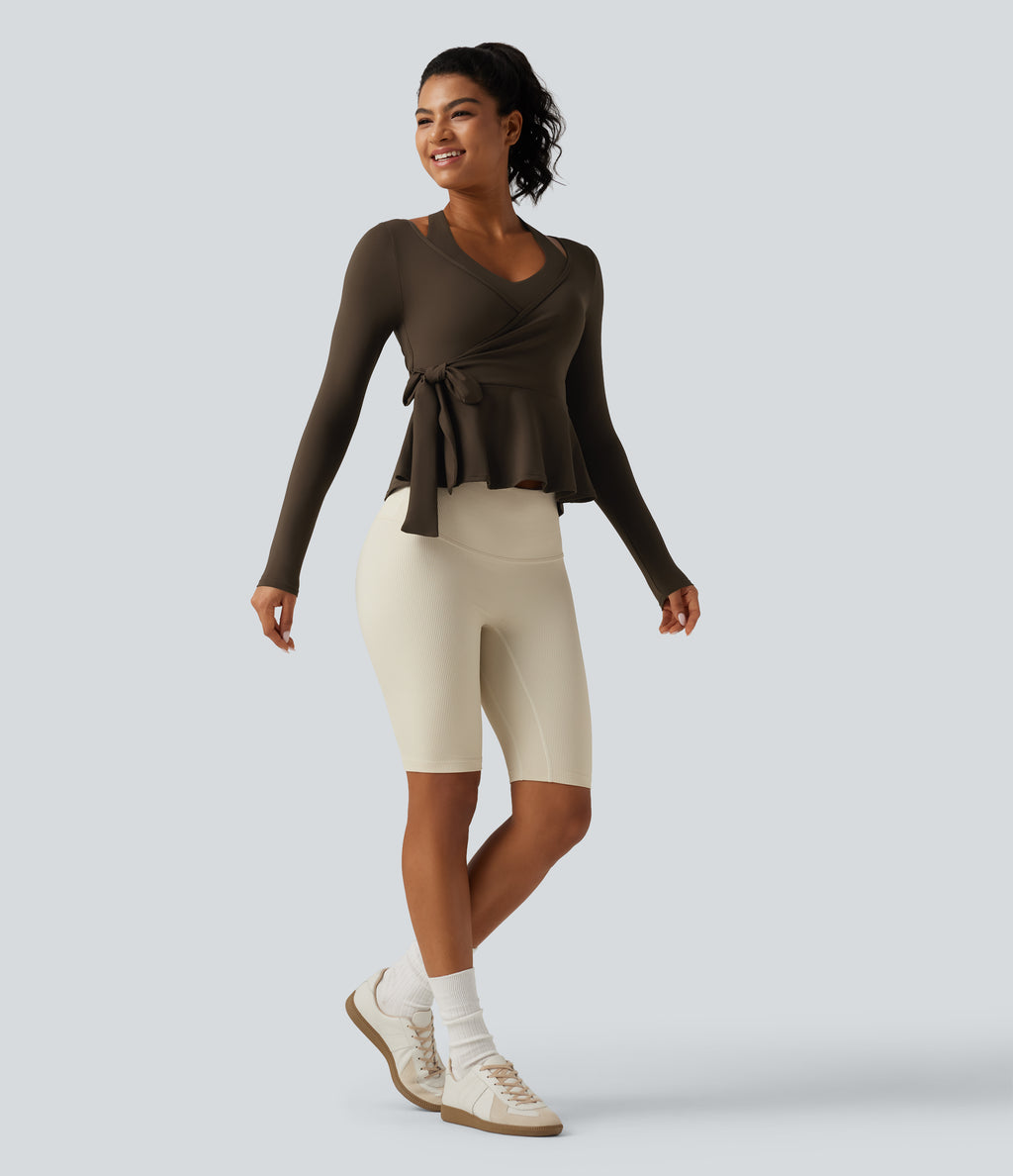 Airy InstantCool Deep V Neck 2-in-1 Tie Side Backless Ruffle Hem Long Sleeve Yoga Sports Top — Chocolate Martini — view 8