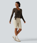 Airy InstantCool Deep V Neck 2-in-1 Tie Side Backless Ruffle Hem Long Sleeve Yoga Sports Top — Chocolate Martini — view 8