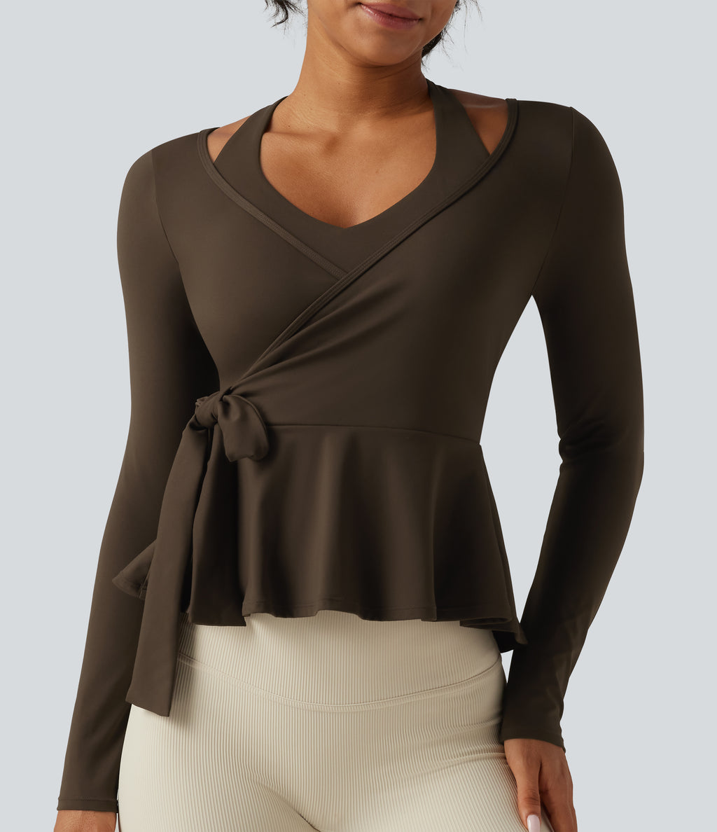 Airy InstantCool Deep V Neck 2-in-1 Tie Side Backless Ruffle Hem Long Sleeve Yoga Sports Top — Chocolate Martini — view 5