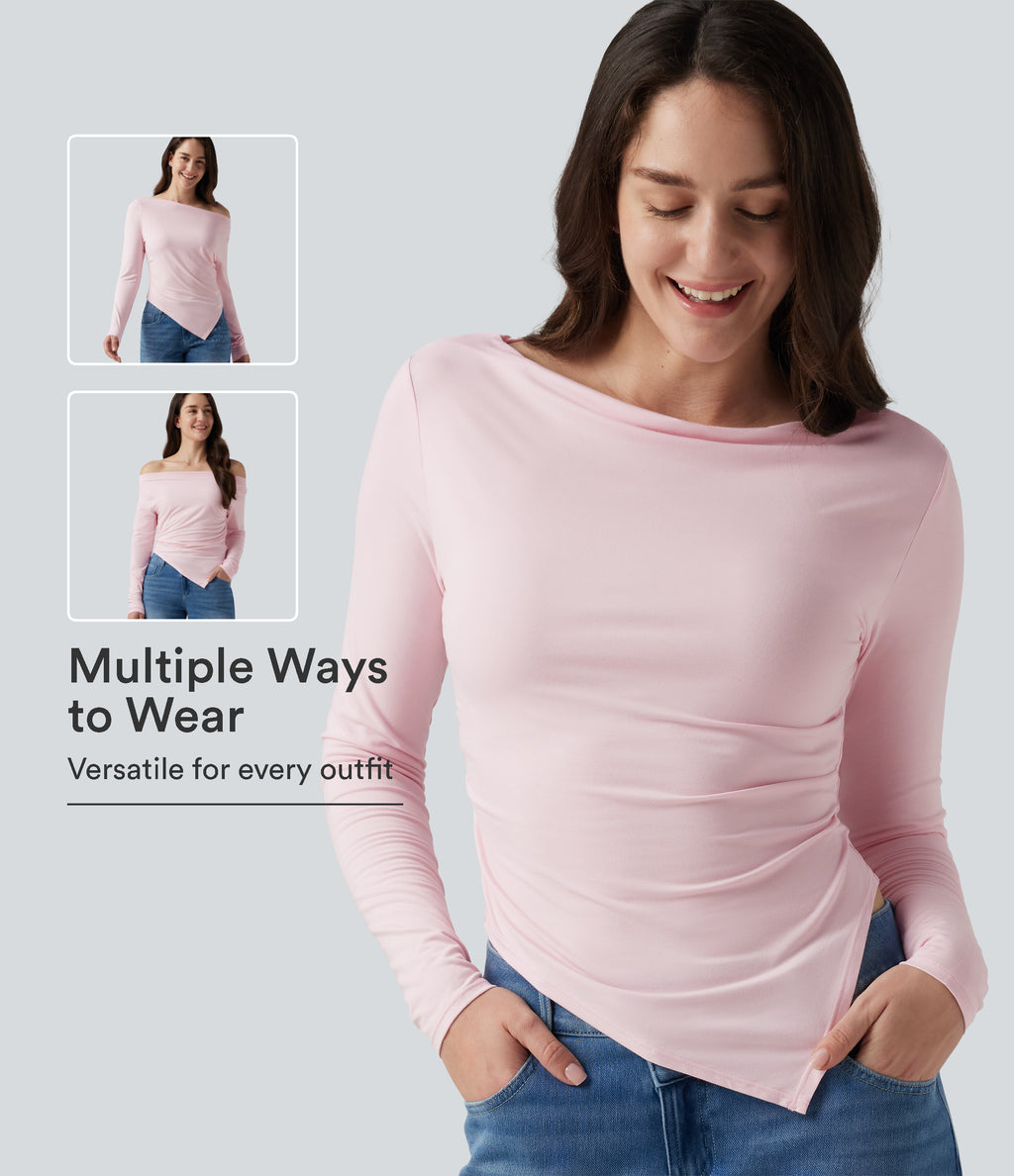 Boat Neck Long Sleeve Ruched Uneven Hem Casual Top — Parfait Pink — view 1