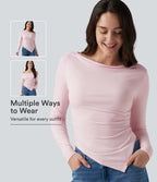 Boat Neck Long Sleeve Ruched Uneven Hem Casual Top — Parfait Pink — view 1