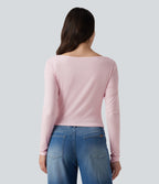 Boat Neck Long Sleeve Ruched Uneven Hem Casual Top — Parfait Pink — view 2