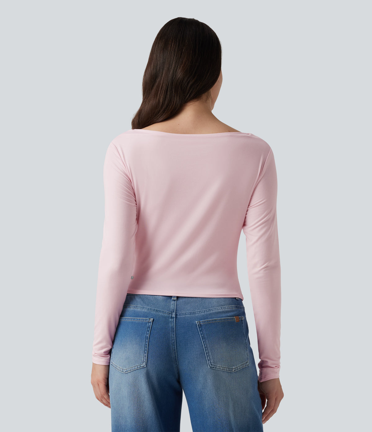 Boat Neck Long Sleeve Ruched Uneven Hem Casual Top — Parfait Pink — view 2