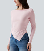 Boat Neck Long Sleeve Ruched Uneven Hem Casual Top — Parfait Pink — view 5