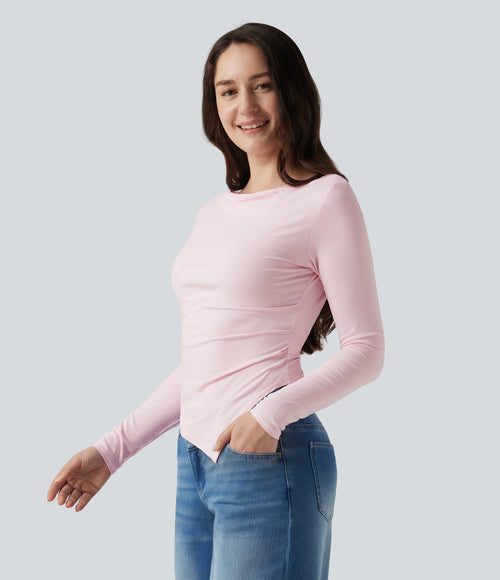 Boat Neck Long Sleeve Ruched Uneven Hem Casual Top — Parfait Pink — view 3