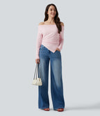 Boat Neck Long Sleeve Ruched Uneven Hem Casual Top — Parfait Pink — view 6