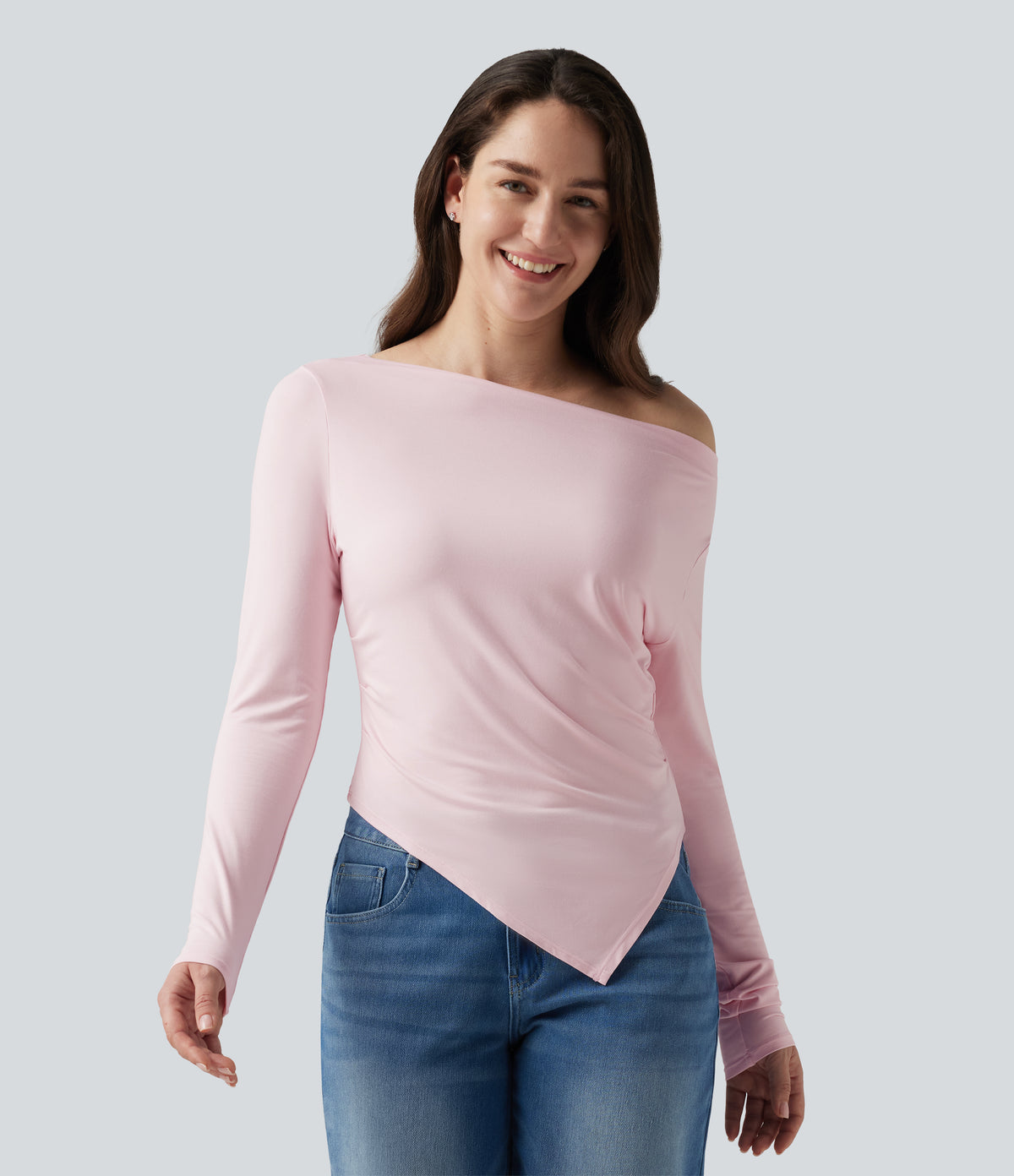 Boat Neck Long Sleeve Ruched Uneven Hem Casual Top — Parfait Pink — view 4