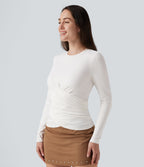 Round Neck Long Sleeve Crossover Hem Casual Top — White — view 3