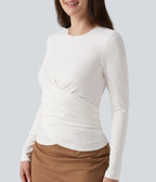 Round Neck Long Sleeve Crossover Hem Casual Top — White — view 5