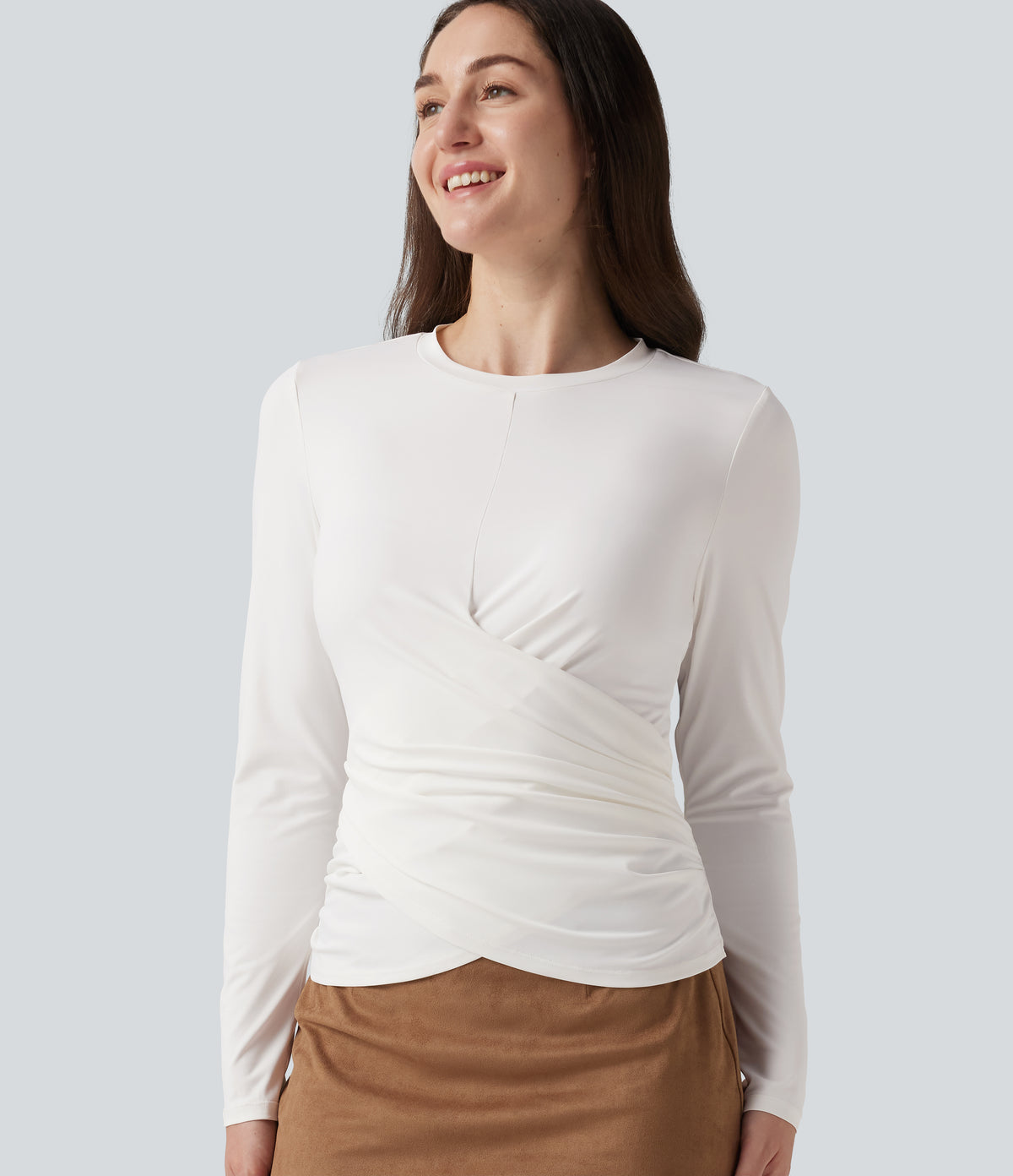 Round Neck Long Sleeve Crossover Hem Casual Top — White — view 1