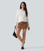 Round Neck Long Sleeve Crossover Hem Casual Top — White — view 7