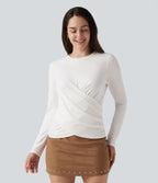 Round Neck Long Sleeve Crossover Hem Casual Top — White — view 4