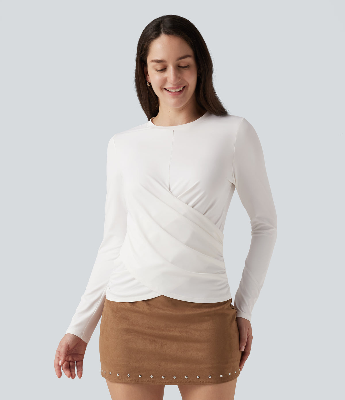 Round Neck Long Sleeve Crossover Hem Casual Top — White — view 4