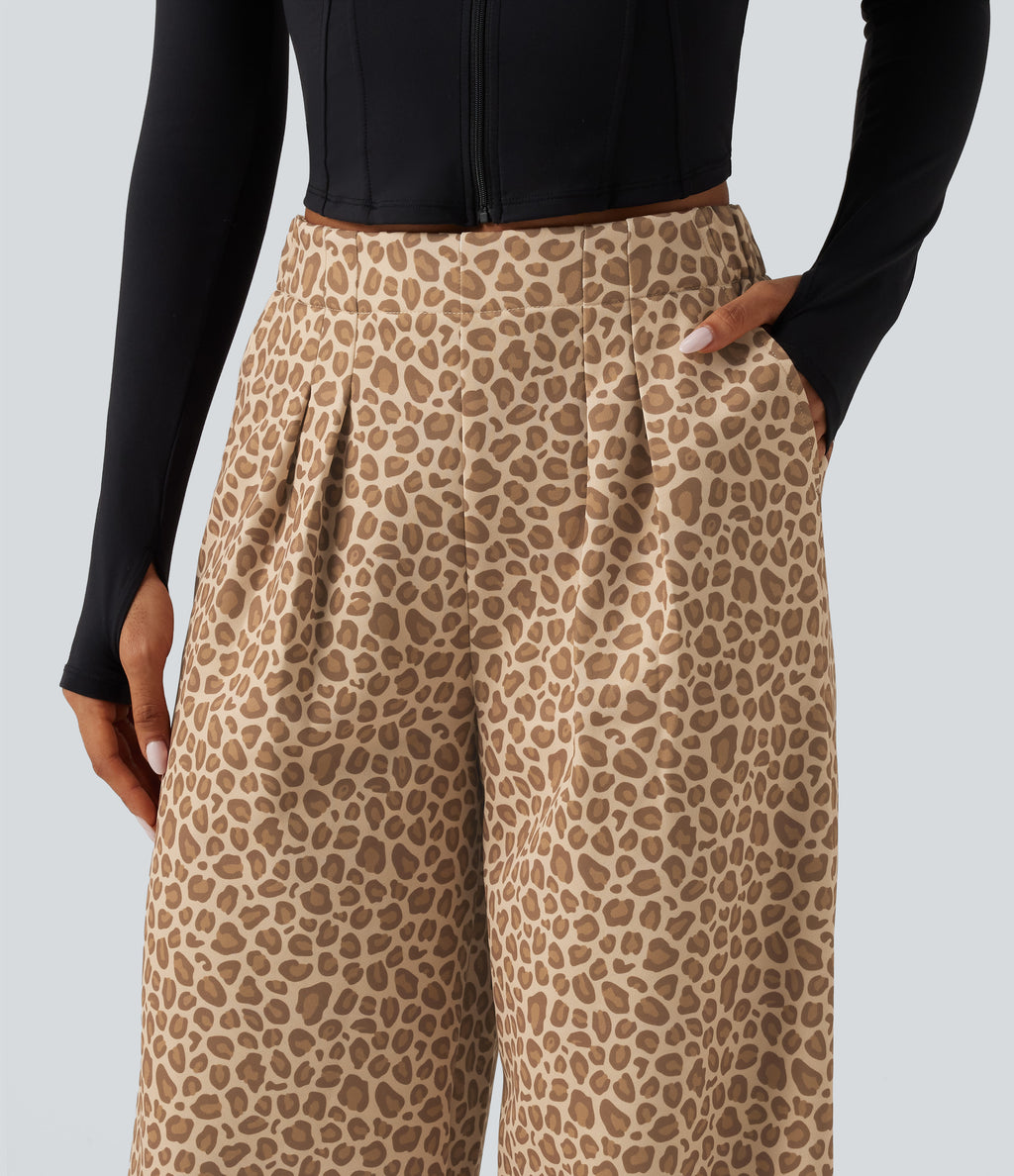 Mid Rise Leopard Print Wide Leg Casual Sweatpants with Pockets — Smoky Mocha Leopard — view 4
