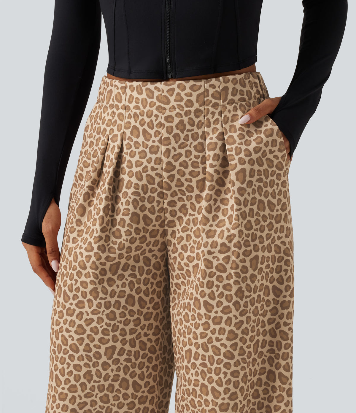 Mid Rise Leopard Print Wide Leg Casual Sweatpants with Pockets — Smoky Mocha Leopard — view 4