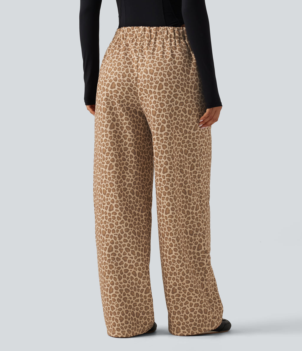 Mid Rise Leopard Print Wide Leg Casual Sweatpants with Pockets — Smoky Mocha Leopard — view 2