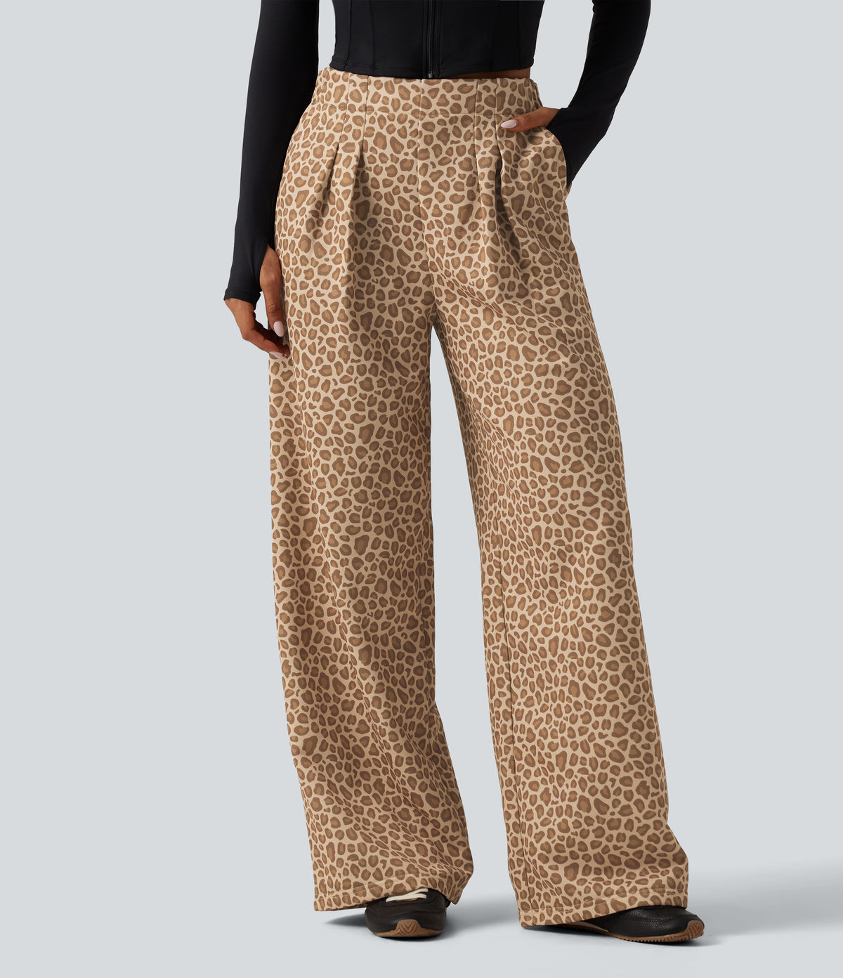 Mid Rise Leopard Print Wide Leg Casual Sweatpants with Pockets — Smoky Mocha Leopard — view 1