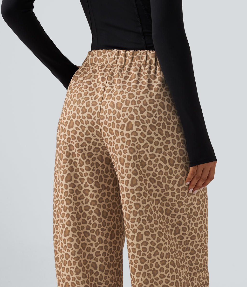 Mid Rise Leopard Print Wide Leg Casual Sweatpants with Pockets — Smoky Mocha Leopard — view 5