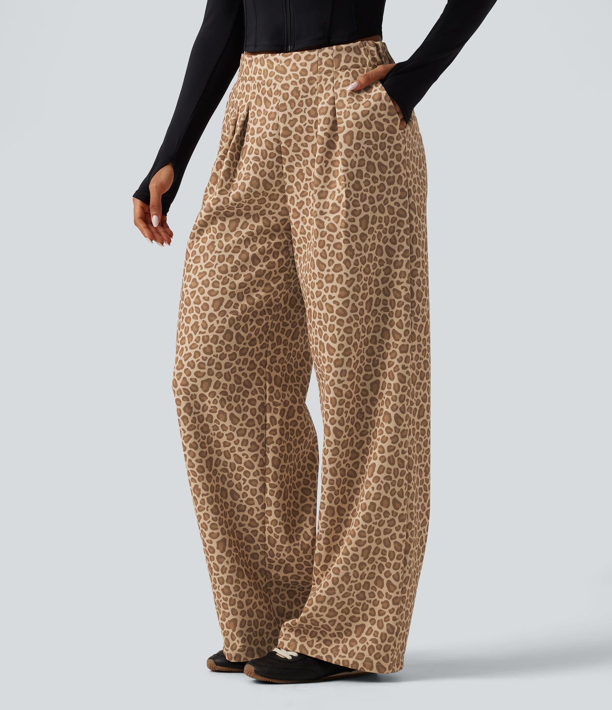 Mid Rise Leopard Print Wide Leg Casual Sweatpants with Pockets — Smoky Mocha Leopard — view 3