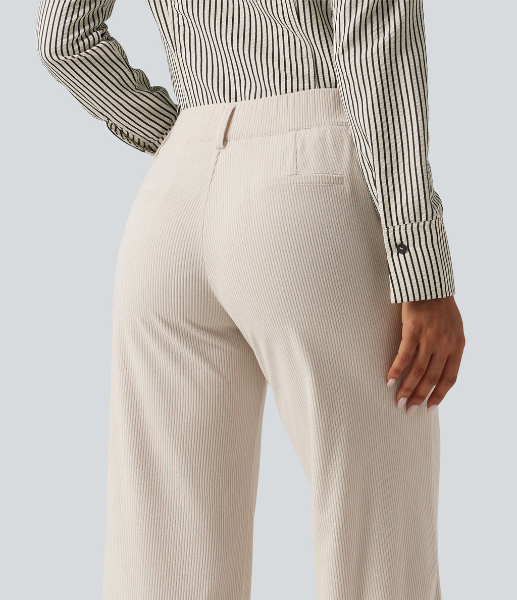 Low Rise Flare Corduroy Casual Trousers with Pockets — White — view 5