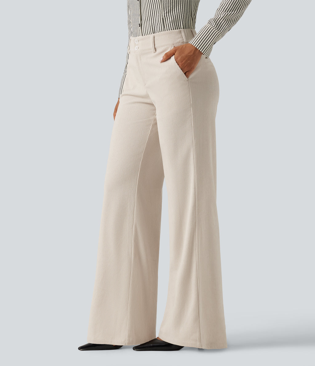 Low Rise Flare Corduroy Casual Trousers with Pockets — White — view 3