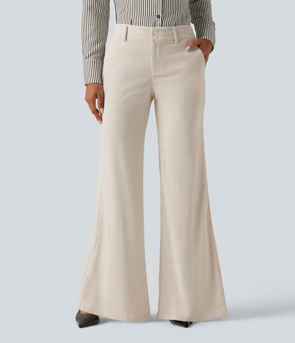 Low Rise Flare Corduroy Casual Trousers with Pockets — White — view 1
