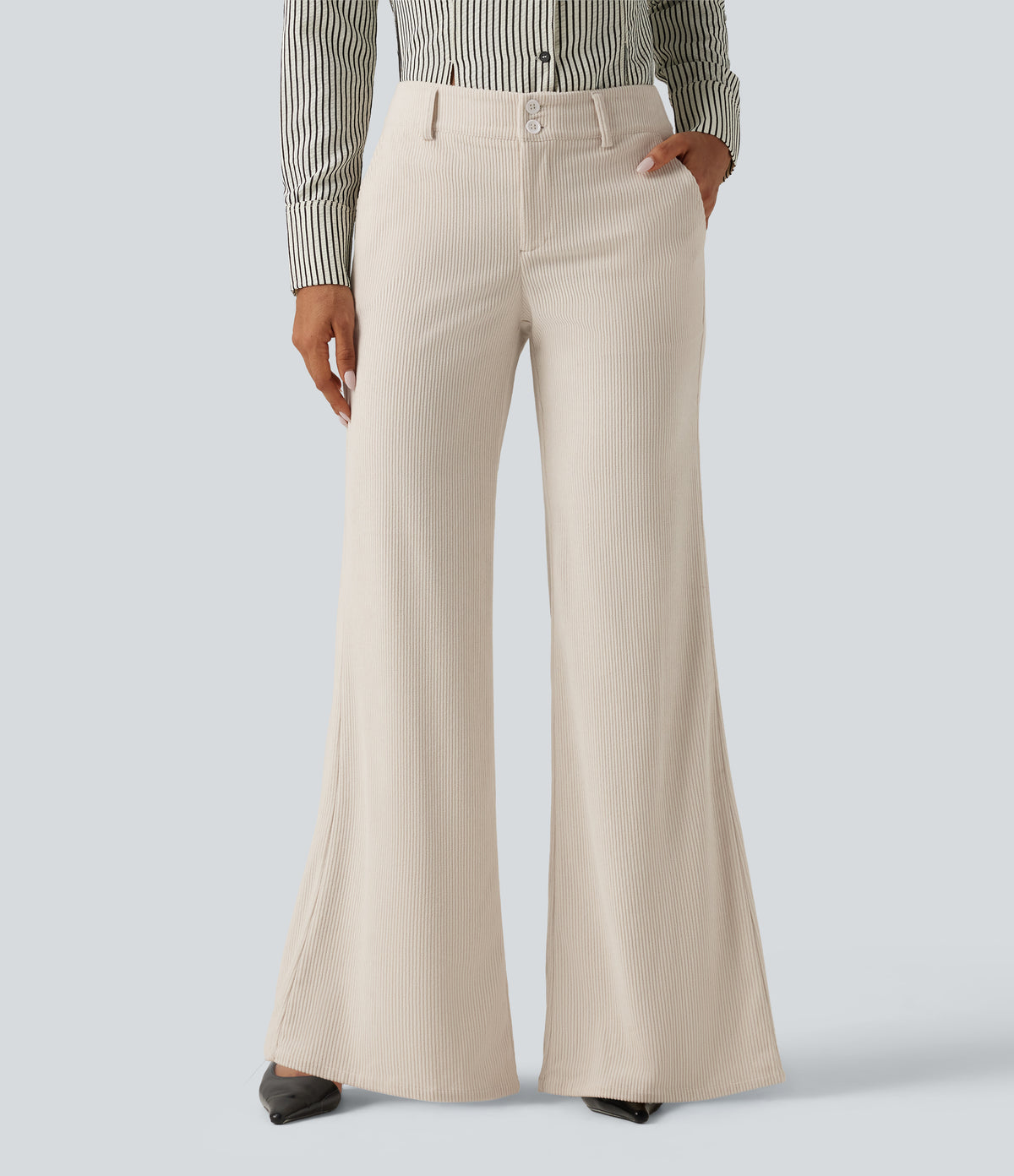 Low Rise Flare Corduroy Casual Trousers with Pockets — White — view 1