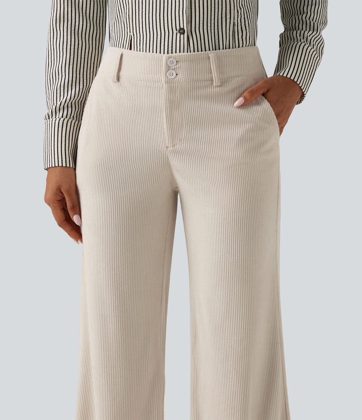 Low Rise Flare Corduroy Casual Trousers with Pockets — White — view 4