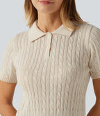 Polo Short Sleeve Cable Knit Work Jumper — Sandshell — view 6